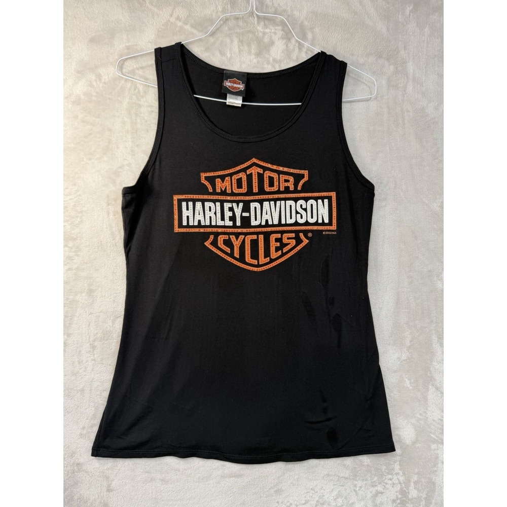 Harley-Davidson Womens Medium Black Rhinestone Logo Tank Top USA Bling